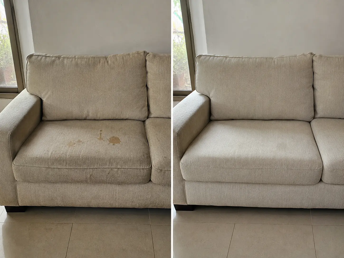 המחשה של ספה בהירה לפני ואחרי טיפול בכתמי אוכל